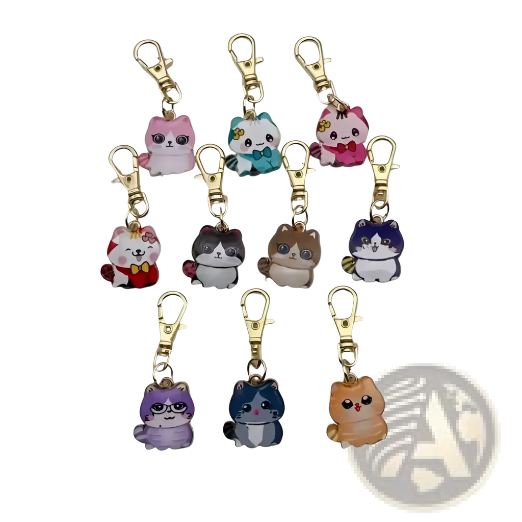 Cute cat keychains set with colorful enamel finishes and gold-toned alloy clasps in cartoon charm design