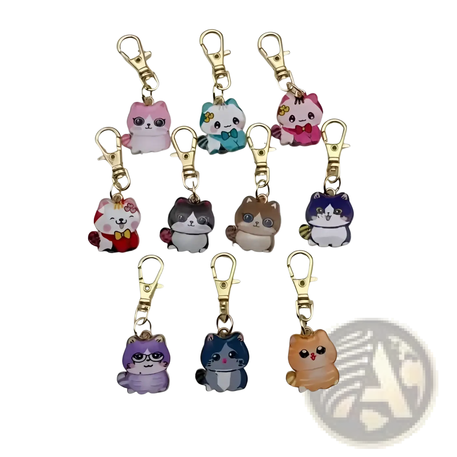 Cute cat keychains set with colorful enamel finishes and gold-toned alloy clasps in cartoon charm design