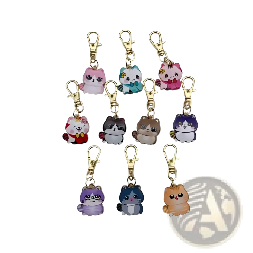 Cute cat keychains set featuring colorful glossy plastic bodies and gold-toned alloy clasps in various poses
