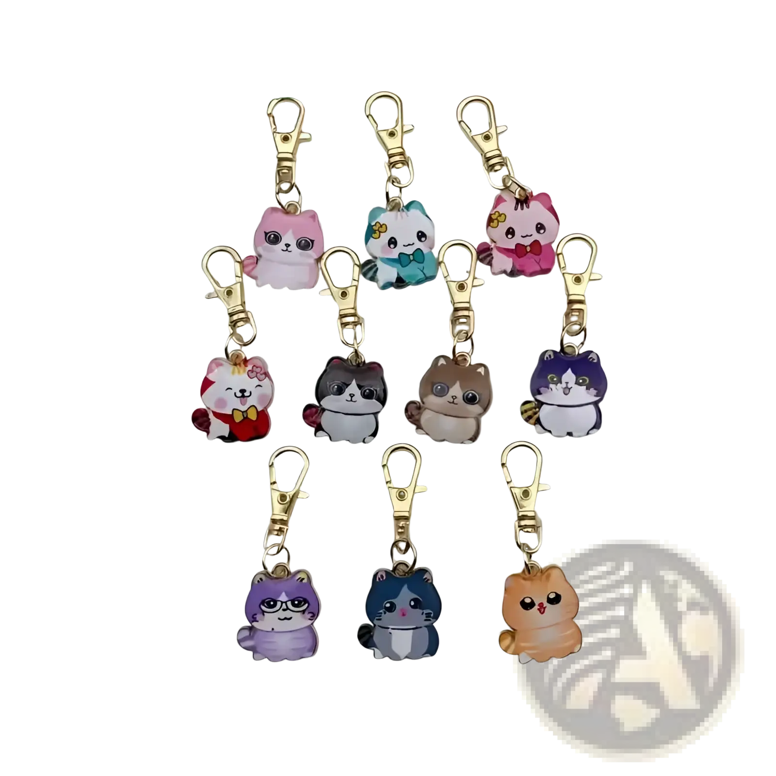 Cute cat keychains set featuring colorful glossy plastic bodies and gold-toned alloy clasps in various poses