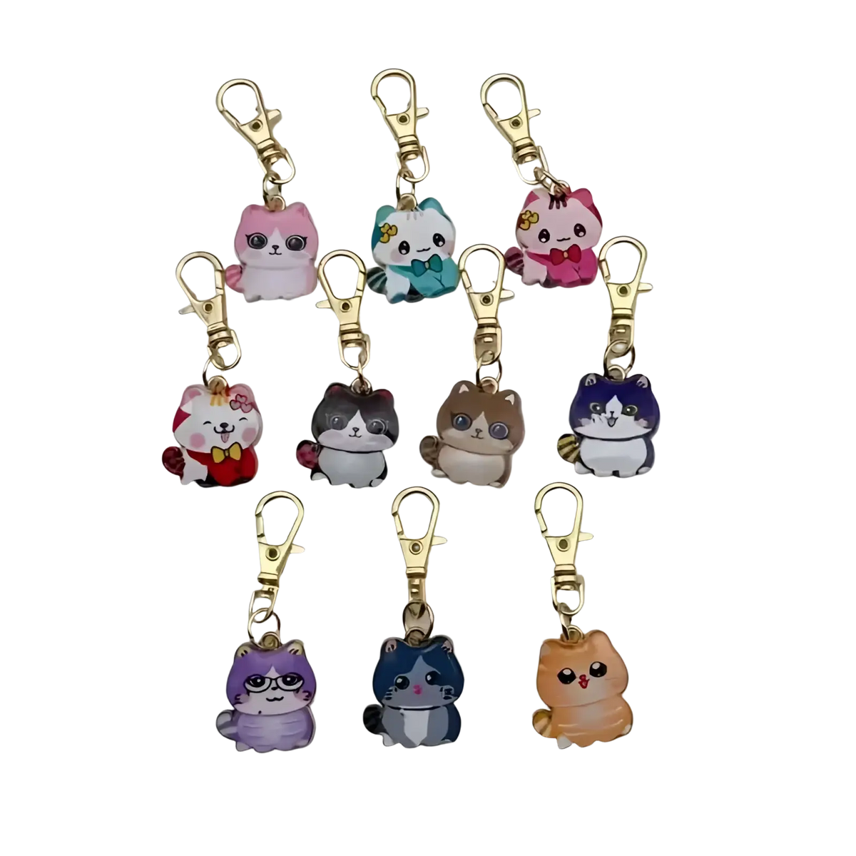 Cute cat keychains set featuring colorful glossy resin bodies with gold-toned alloy clasps and cartoon charm designs