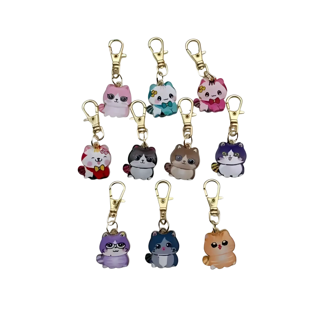 Cute cat keychains set featuring colorful glossy plastic bodies and gold-toned alloy clasps in various poses
