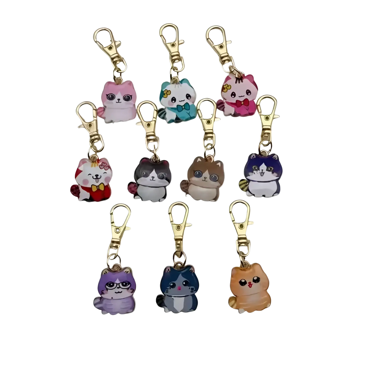 Cute cat keychains set with colorful enamel finishes and gold-toned alloy clasps in cartoon charm design