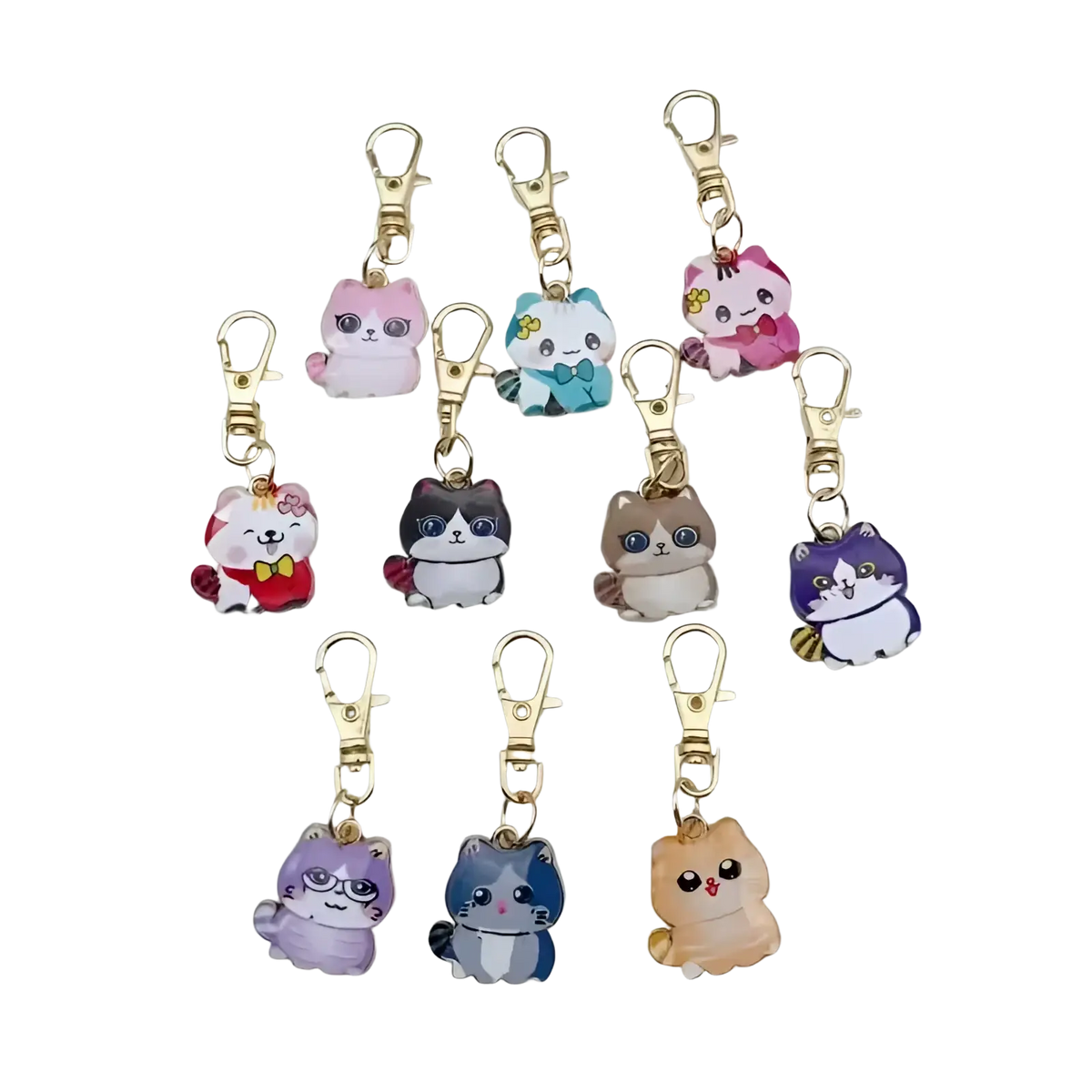 A collection of colorful cartoon alloy cat keychains with gold-toned metal clasps for adorable charm accessories