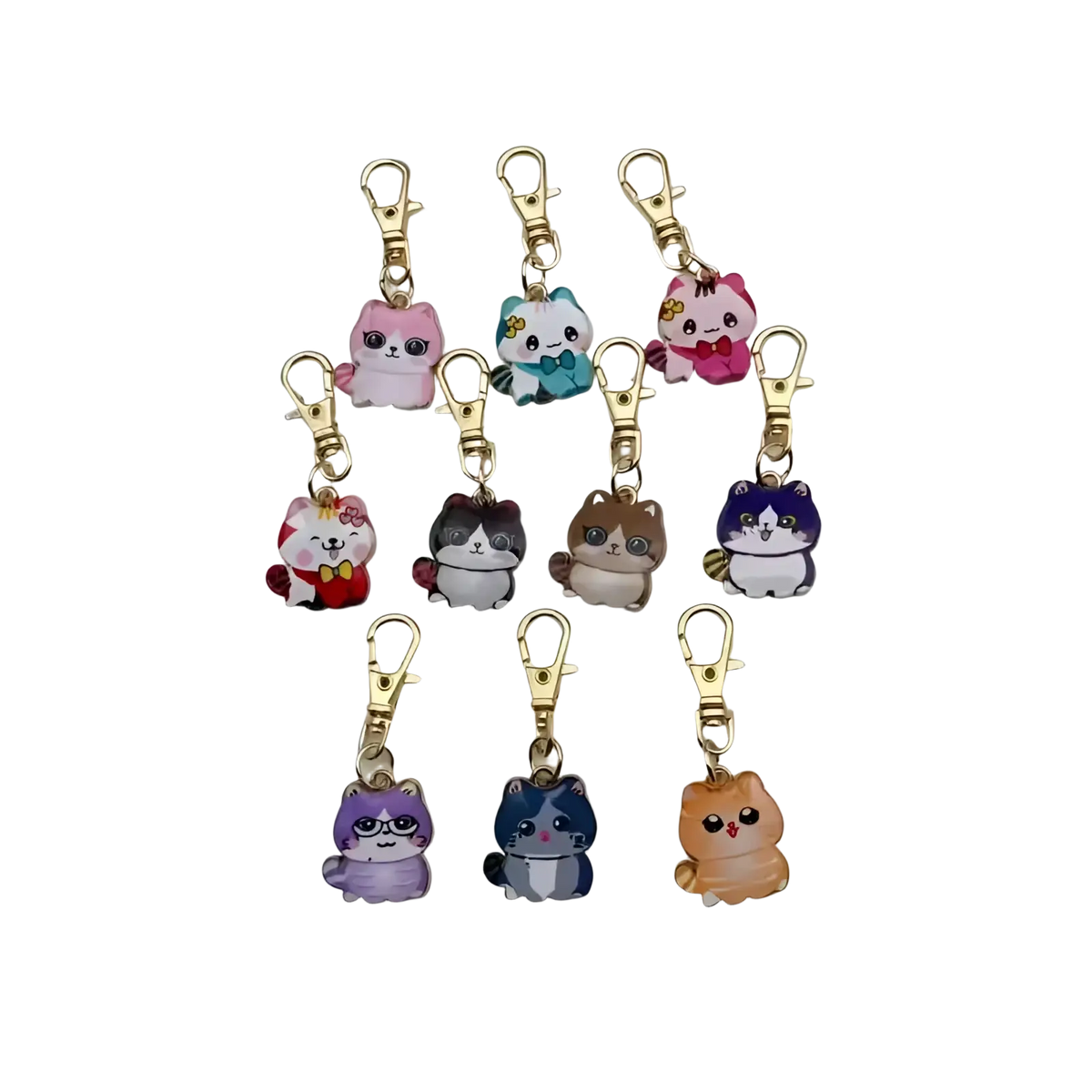 A set of colorful cartoon cat keychains with gold-toned alloy clasps for cute charm accessories