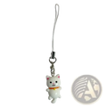 Cute cat phone charm strap featuring a white ceramic cat with pink inner ears and a yellow collar on silver clasp