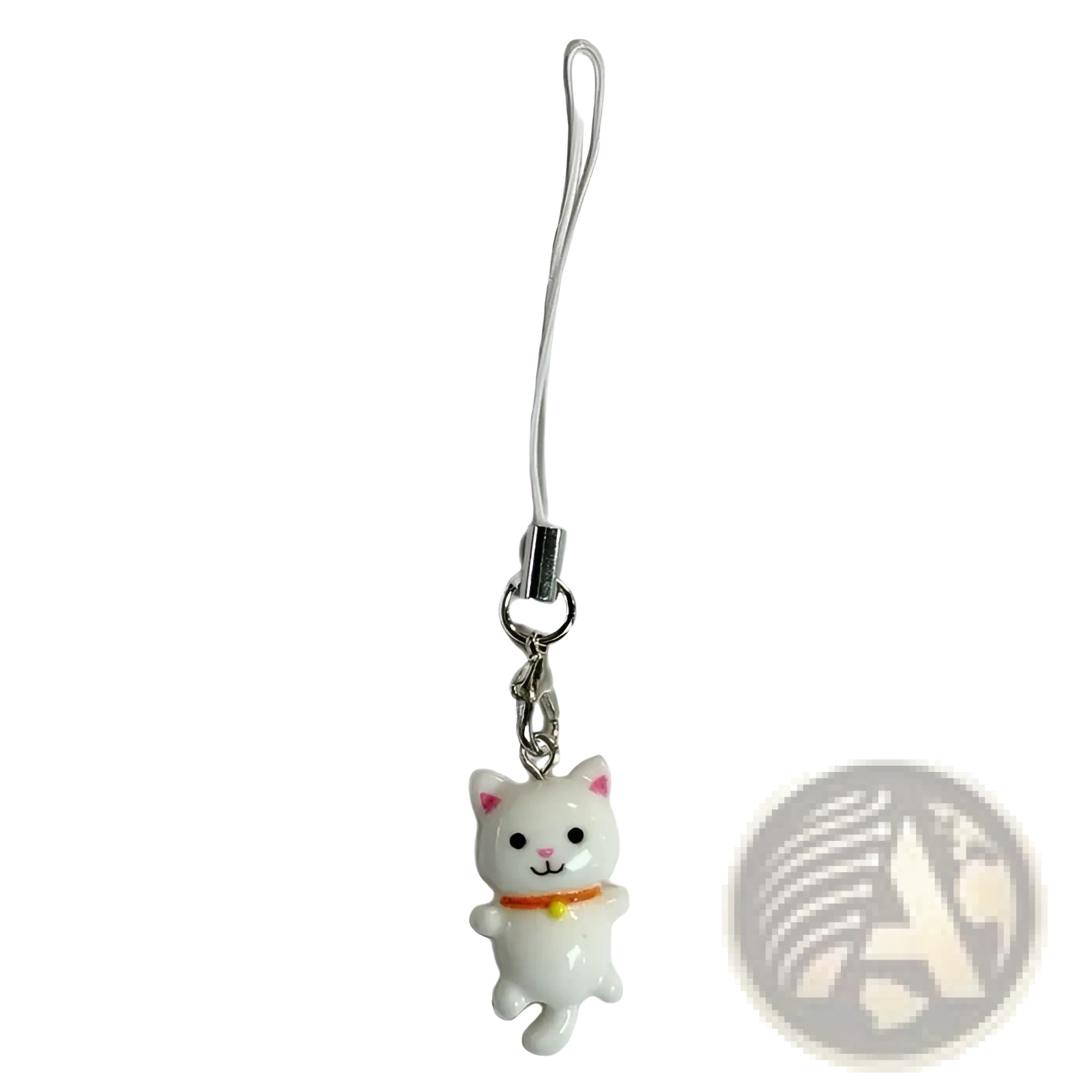 Cute cat phone charm strap featuring a white ceramic cat with pink inner ears and a yellow collar on silver clasp