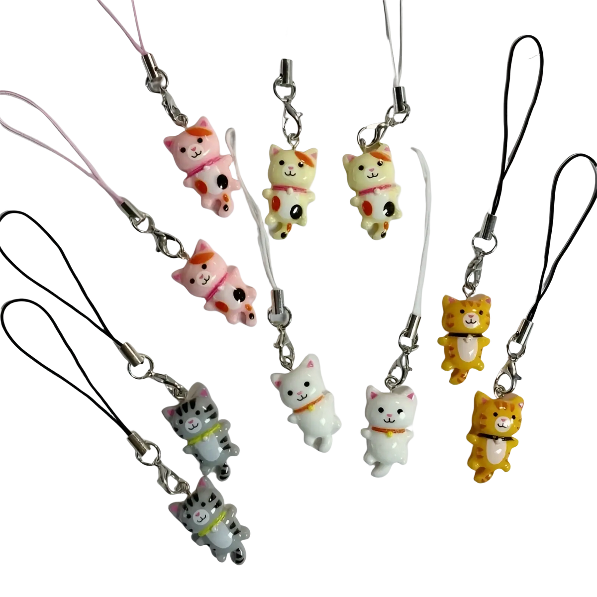 Cute cat phone charm strap featuring pastel and solid plastic cat charms with metallic clasps and adjustable cords
