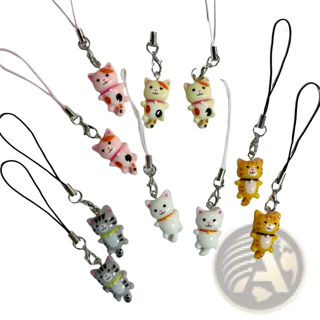 Cute cat phone charm strap featuring pastel and solid plastic cat charms with metallic clasps and adjustable cords