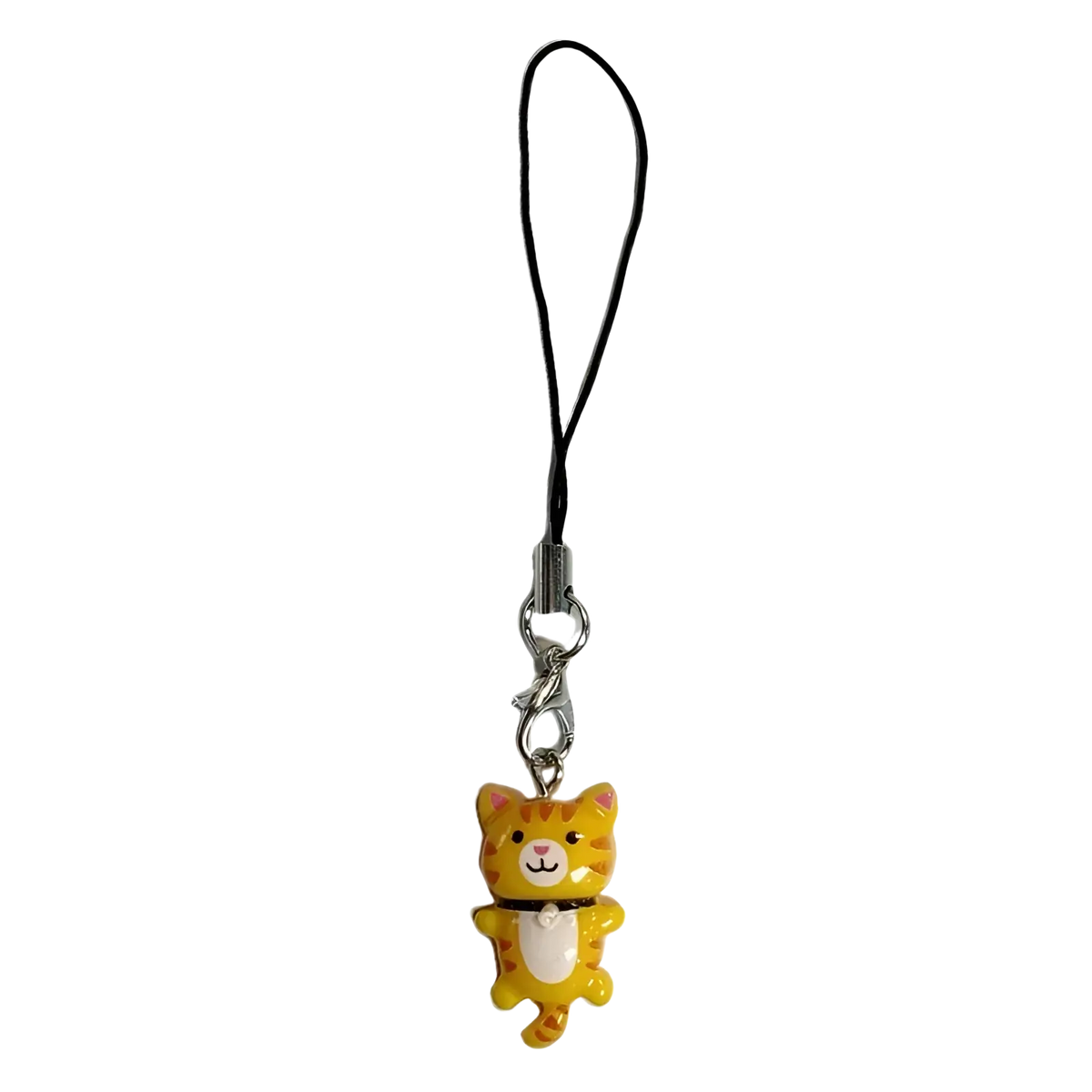 A cheerful yellow-orange tabby cat phone charm strap with white belly black collar silver clasp and black cord