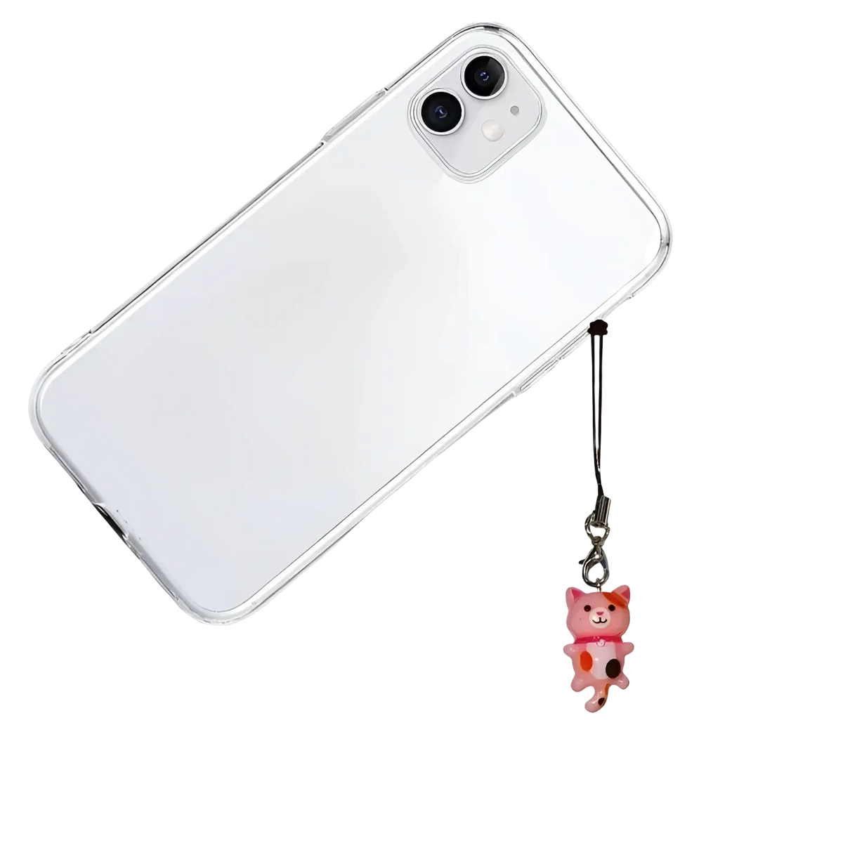 Clear phone case with a pink cat charm strap dangling from the side showing the back of the product