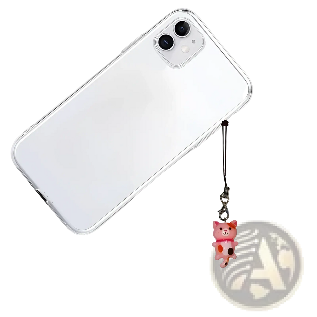Clear phone case with a pink cat charm strap dangling from the side showing the back of the product