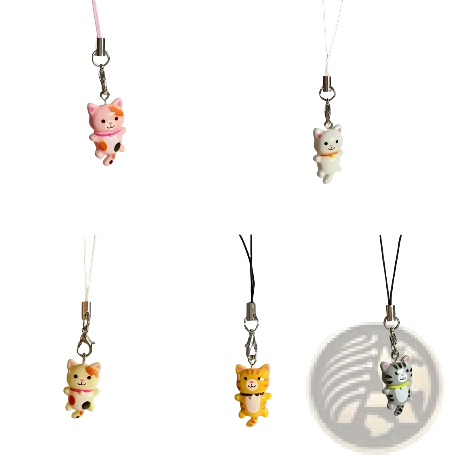 Cute cat phone charm strap featuring a colorful cat-shaped design with a dangling cord and metal clasp accessory