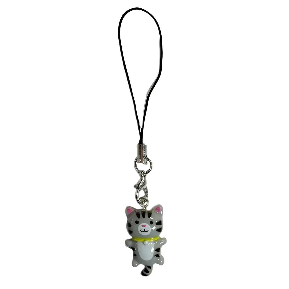 Cute cat phone charm strap featuring a gray tabby cat with pink ears and yellow collar attached to a black cord