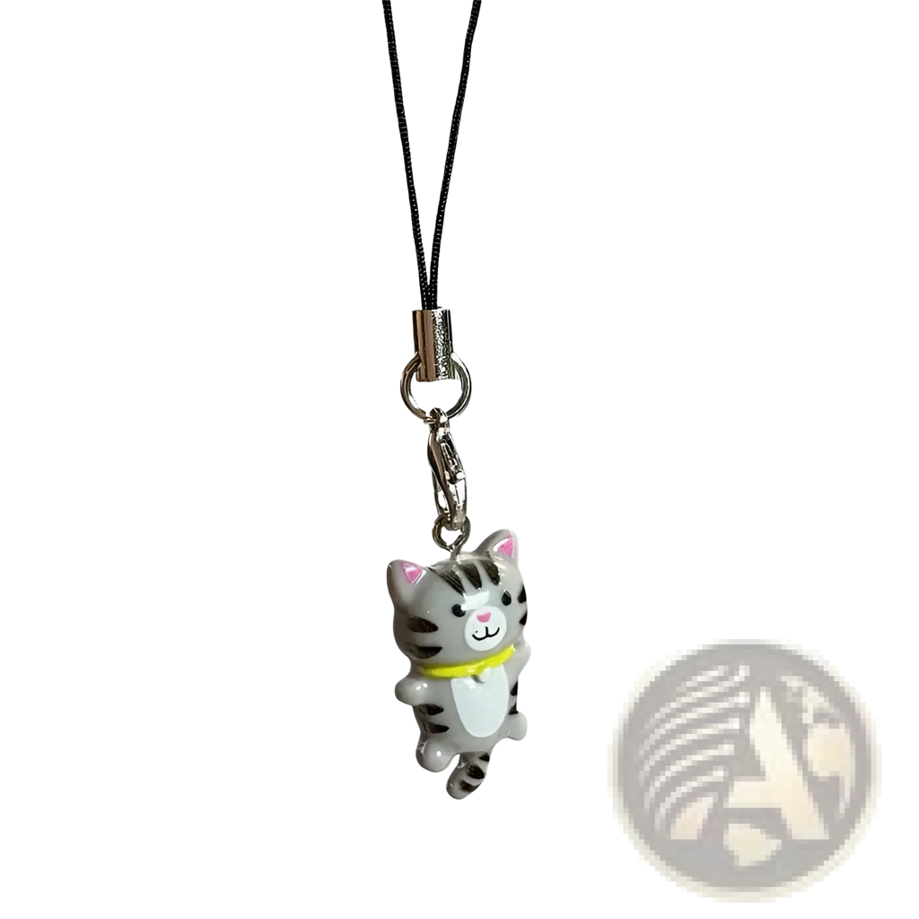 Cute cat phone charm strap featuring a gray tabby cat with pink ears and a yellow collar on a black cord