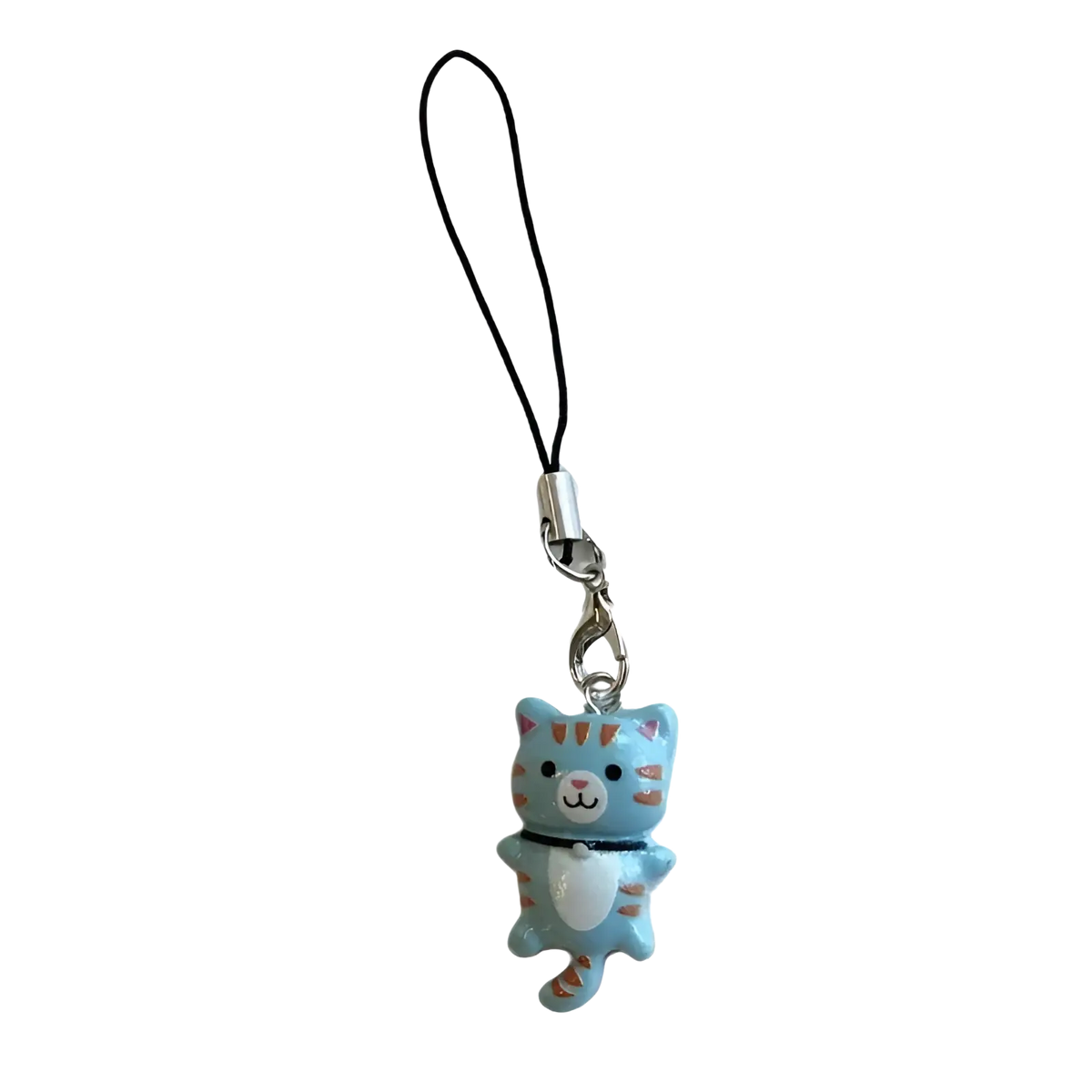 Light blue cat-shaped charm with orange stripes and white belly attached to black cord phone charm strap