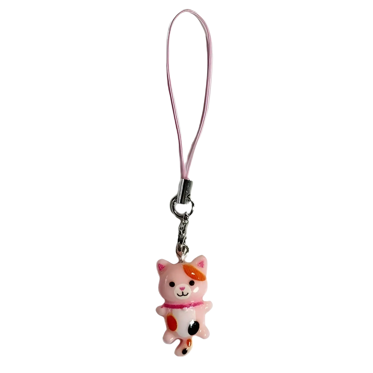 Cute cat phone charm strap featuring a pink and white cat-shaped charm with orange and black spots on a pink cord
