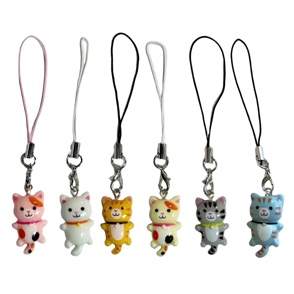 A set of six colorful glossy plastic cat phone charm straps with metal clasps and fabric loops for decoration