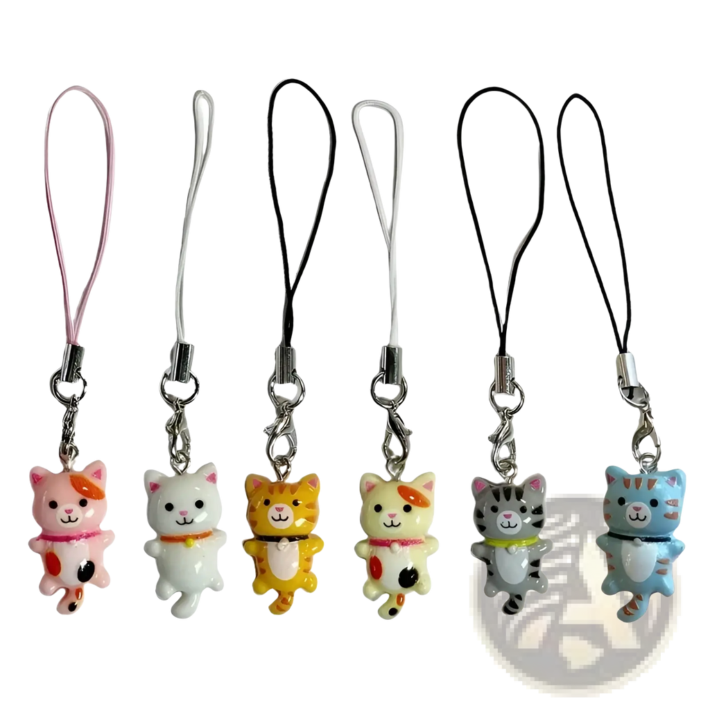 A set of six colorful glossy plastic cat phone charm straps with metal clasps and fabric loops for decoration