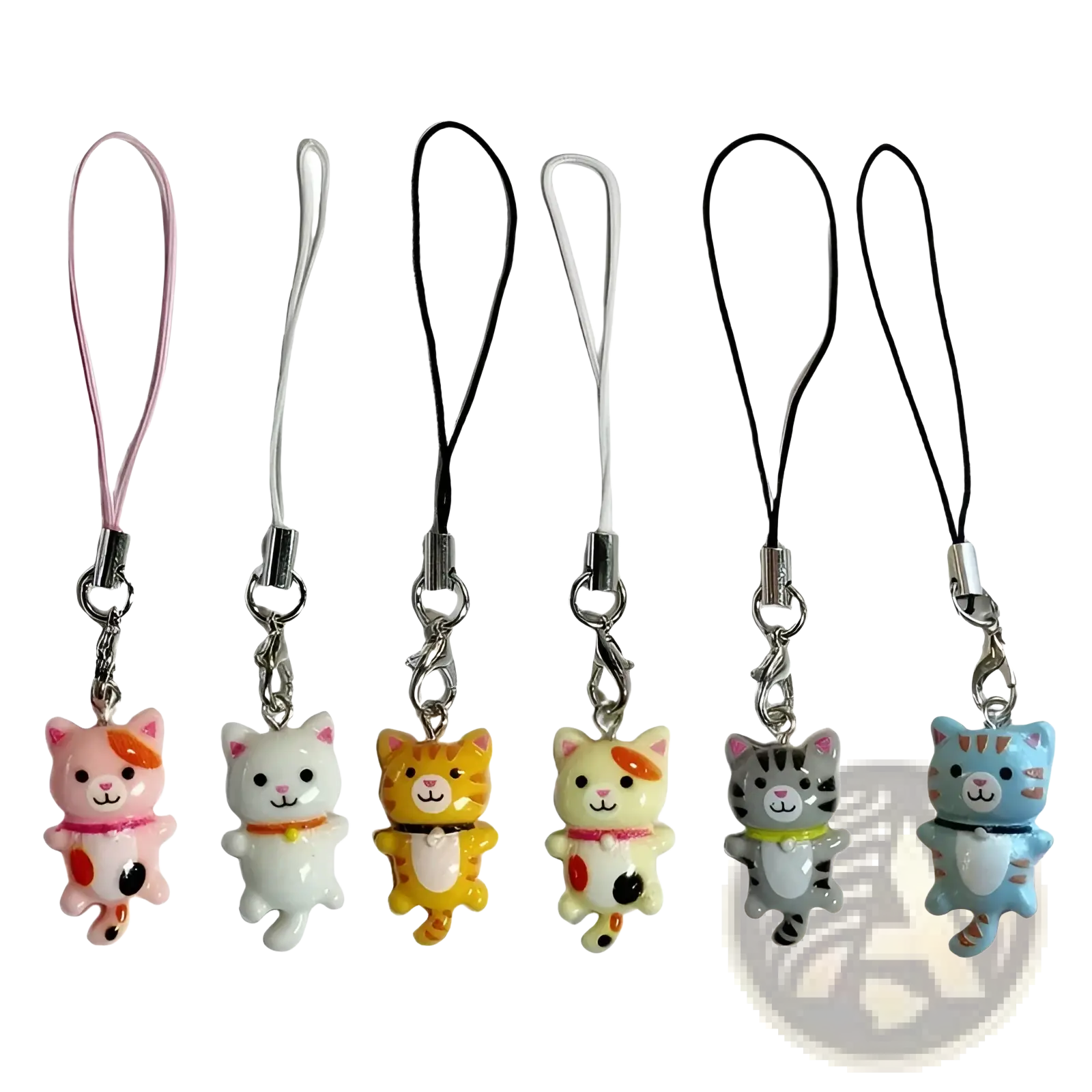 A set of six colorful glossy plastic cat phone charm straps with metal clasps and fabric loops for decoration