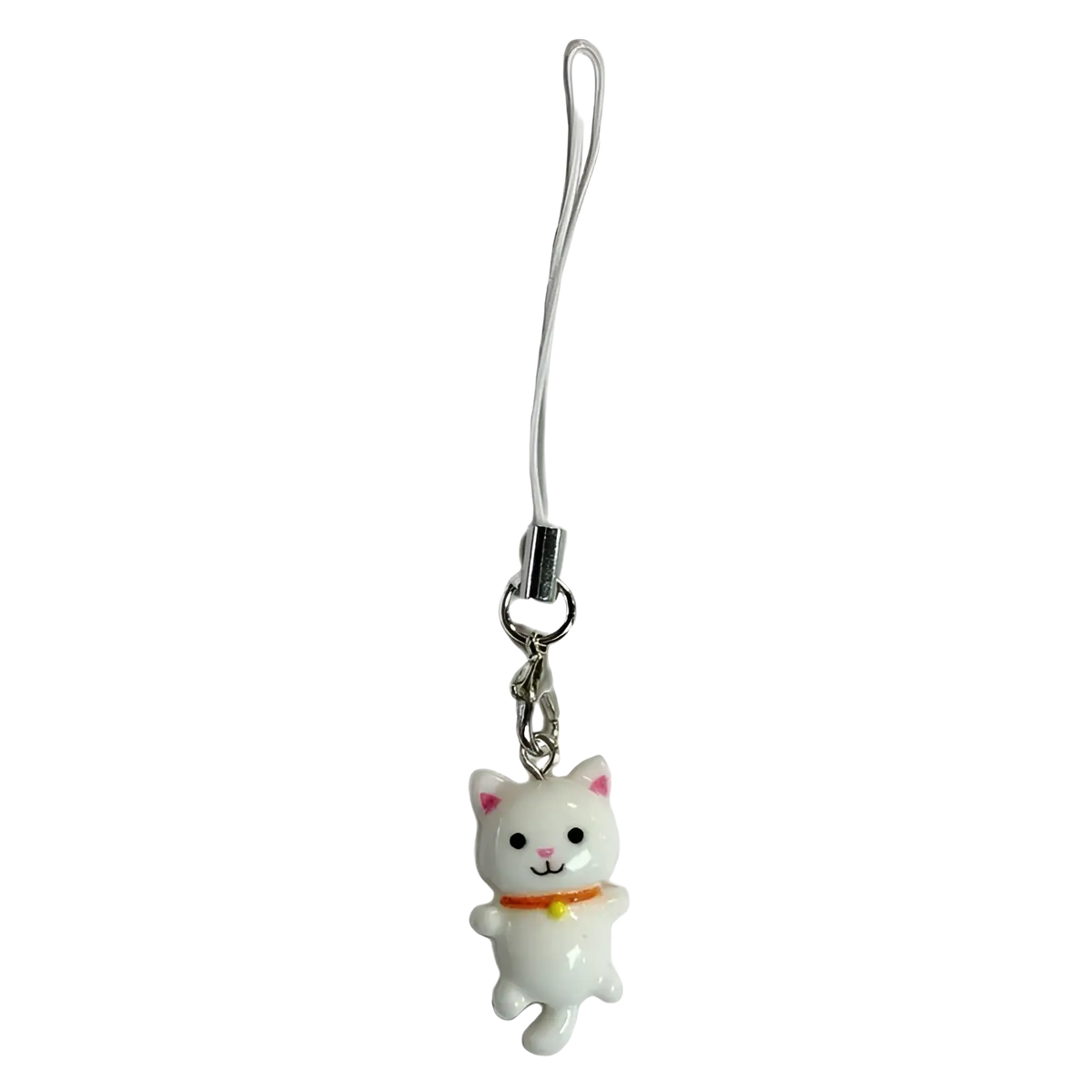 Cute cat phone charm strap featuring a white ceramic cat with pink inner ears and a yellow collar on silver clasp