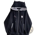 Black cat-ear hooded zip-up jacket with white lace trim and embroidered details in cute Y2k style