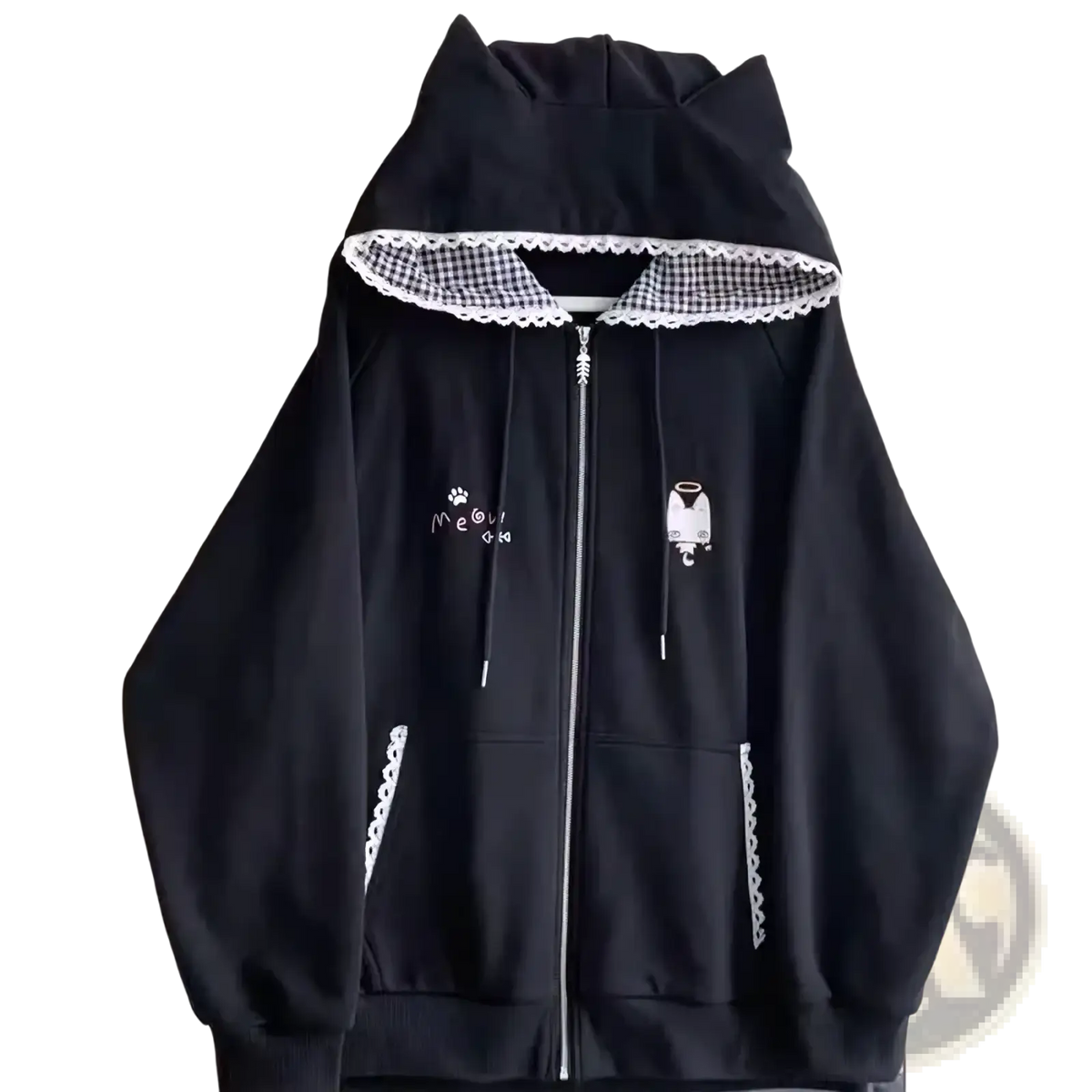 Black cat-ear hooded zip-up jacket with white lace trim and embroidered details in cute Y2k style