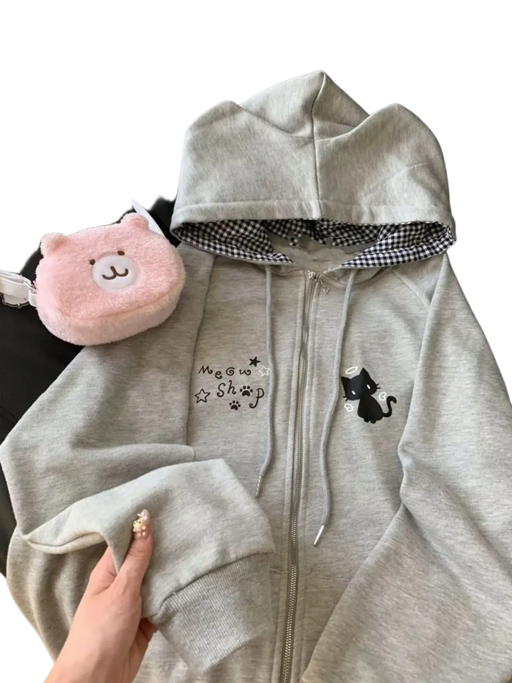 Gray cute cat Y2k zip up hoodie with black cat embroidery, mew shop text, and checkered hood lining