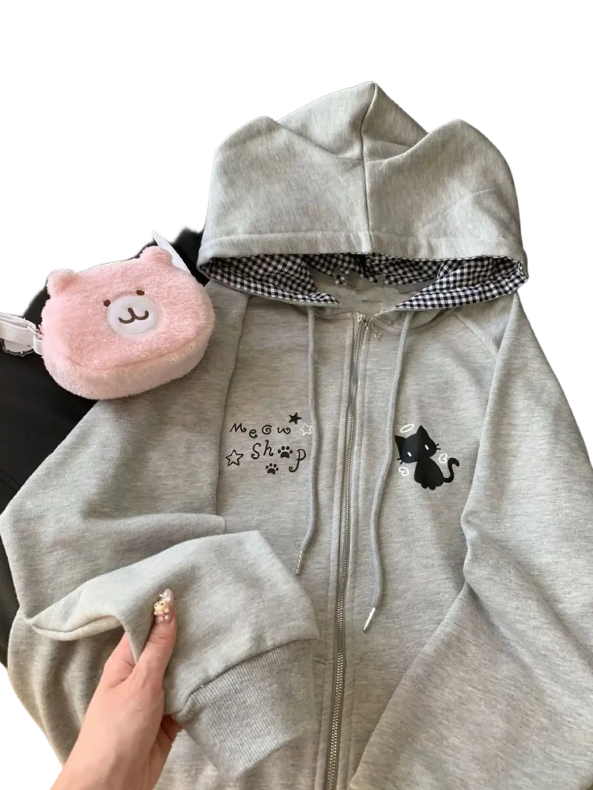 Gray cute cat Y2k zip up hoodie with black cat embroidery, mew shop text, and checkered hood lining