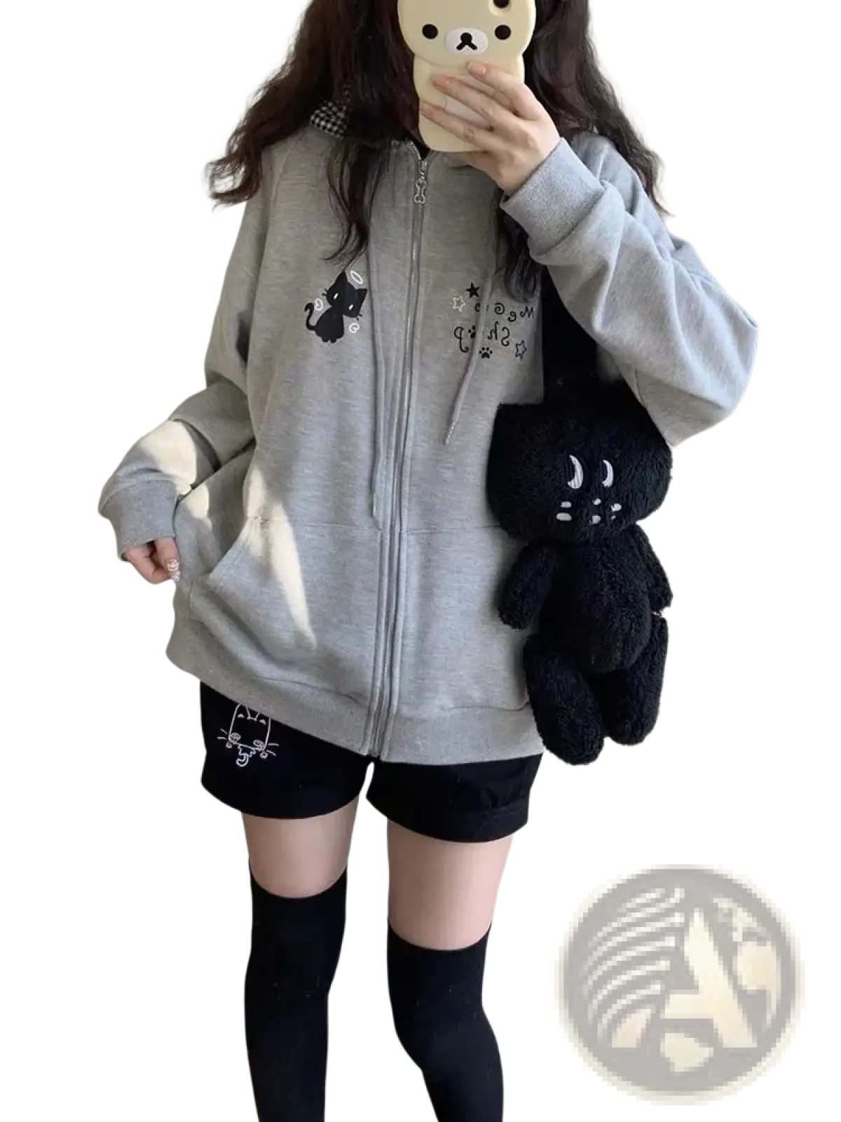 Gray zip-up hoodie featuring black cat embroidery and star details in a cute cat Y2k style for casual wear