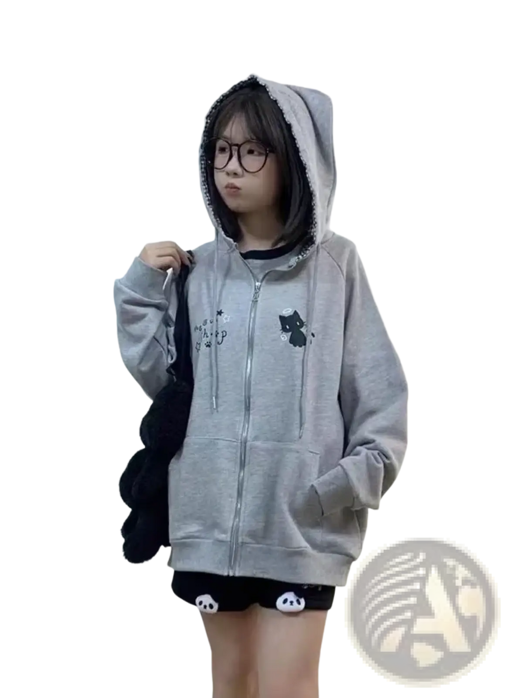 Gray cotton zip up hoodie featuring black cat embroidery and a fluffy black accessory draped over the shoulder