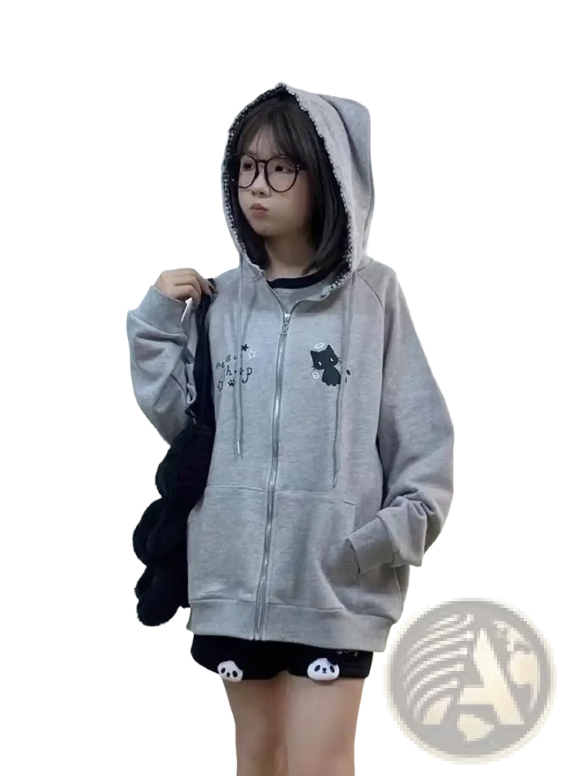 Gray cotton zip up hoodie featuring black cat embroidery and a fluffy black accessory draped over the shoulder