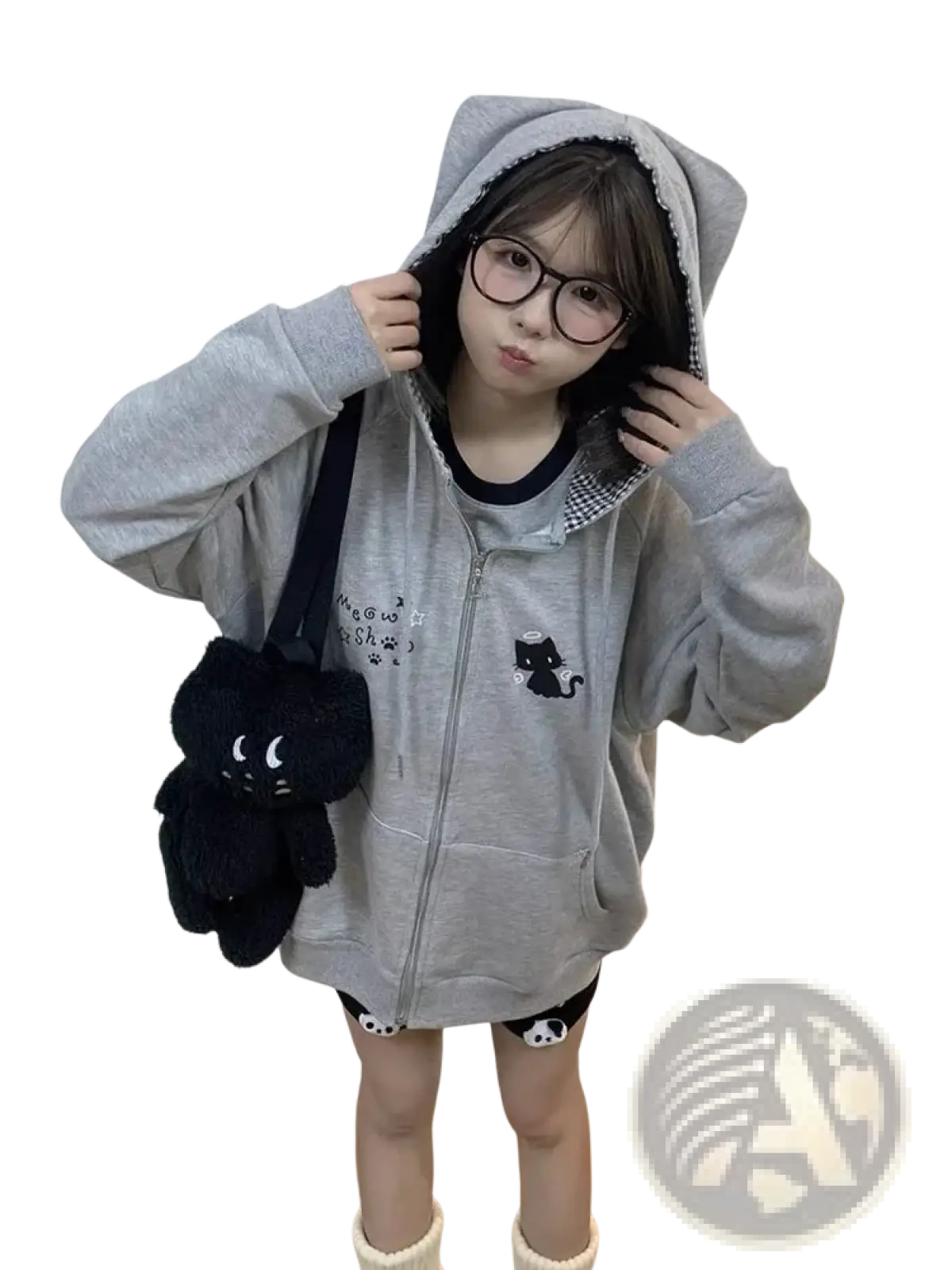 Gray cat-ear hooded sweatshirt with black kitten embroidery and front zipper in cute cat Y2k zip up hoodie design