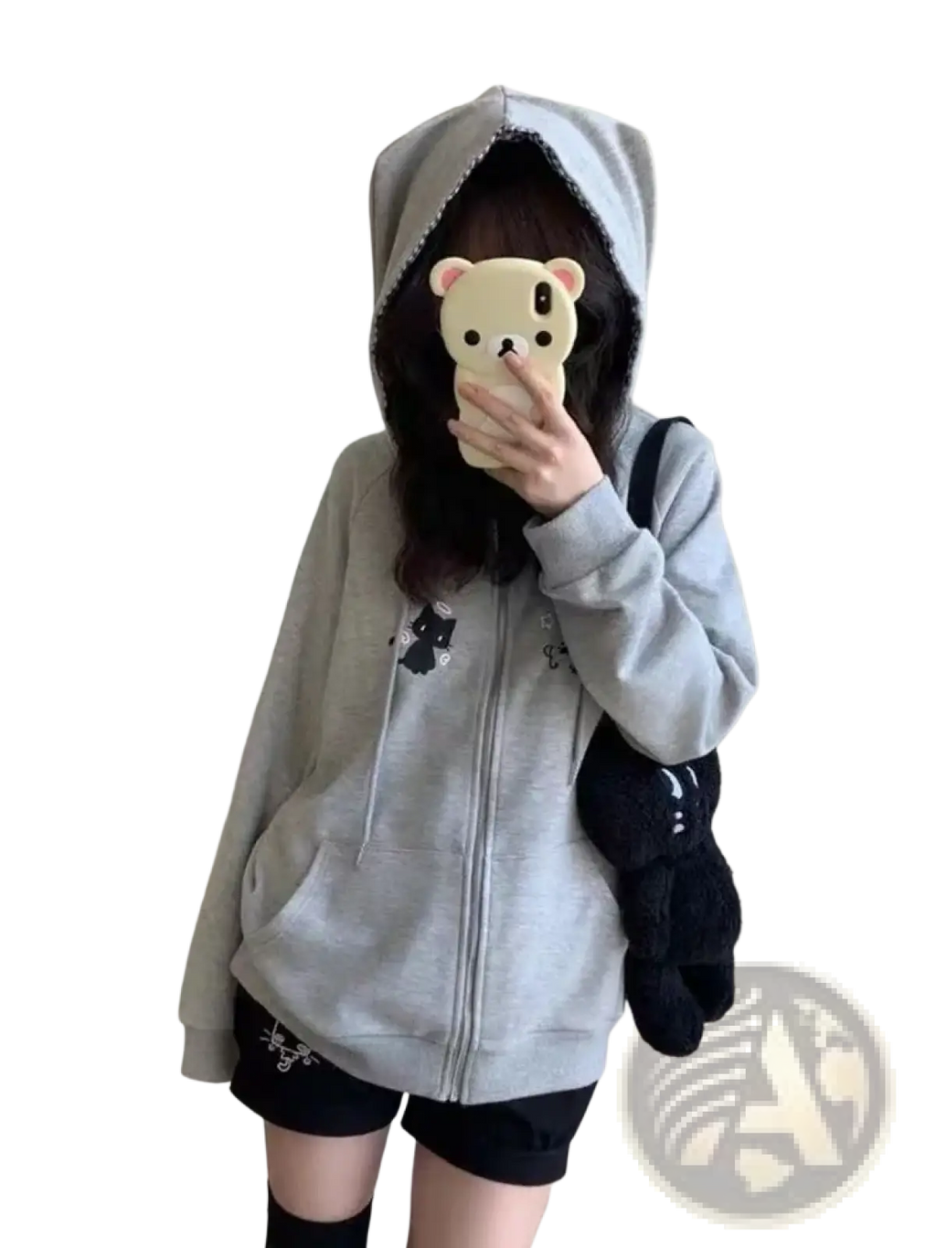 Gray cute cat y2k zip up hoodie with dark fabric hood lining and small black embroidered chest details with matching shorts