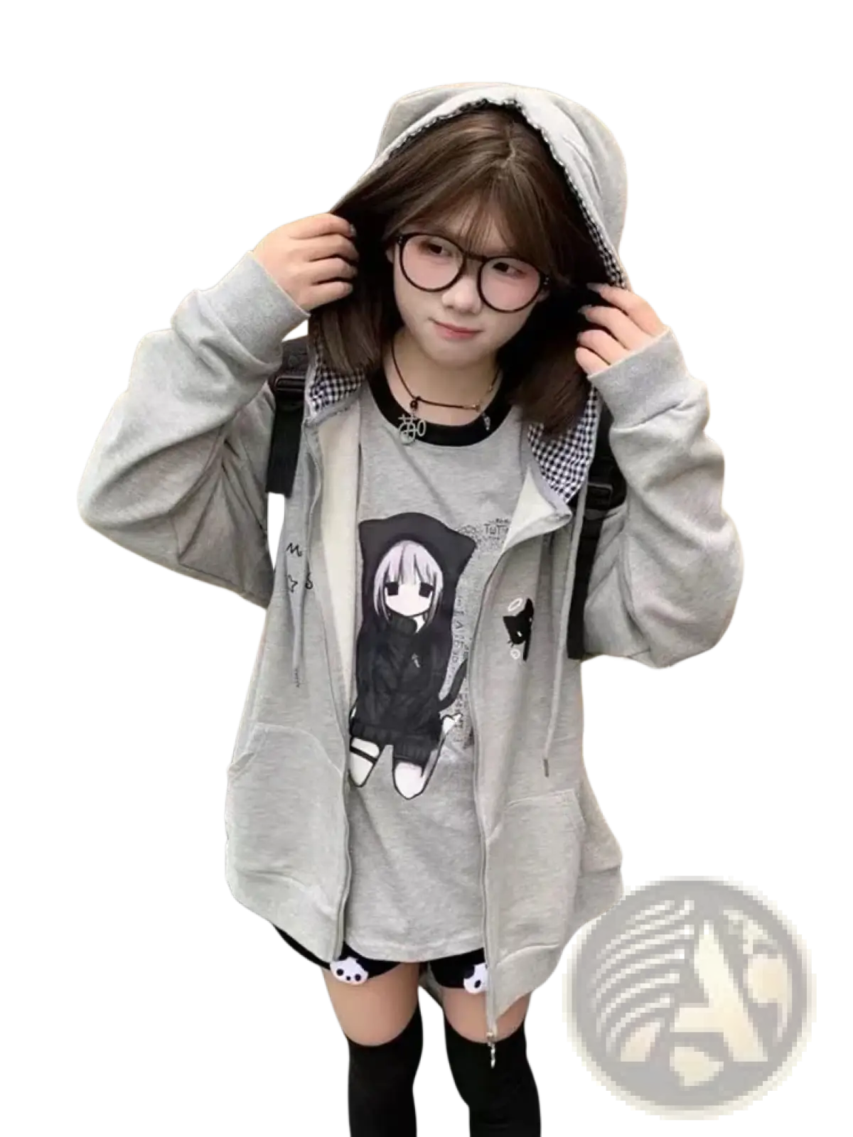 Gray hooded zip up sweatshirt with black anime character graphic and small cat appliqué on the chest for casual wear