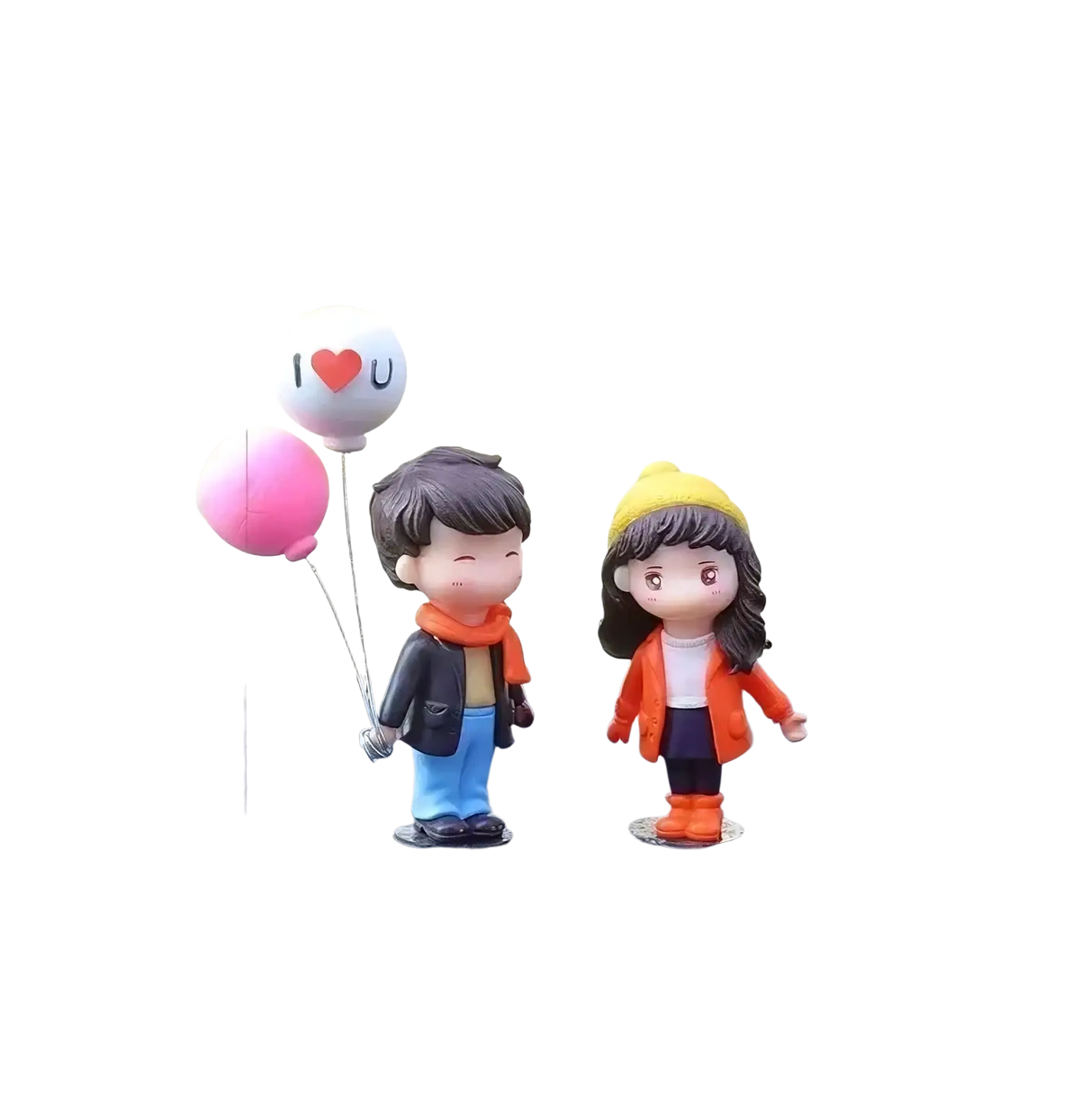 Cute couple car dashboard resin ornament featuring figurines in cozy winter outfits holding pink and i love you balloons
