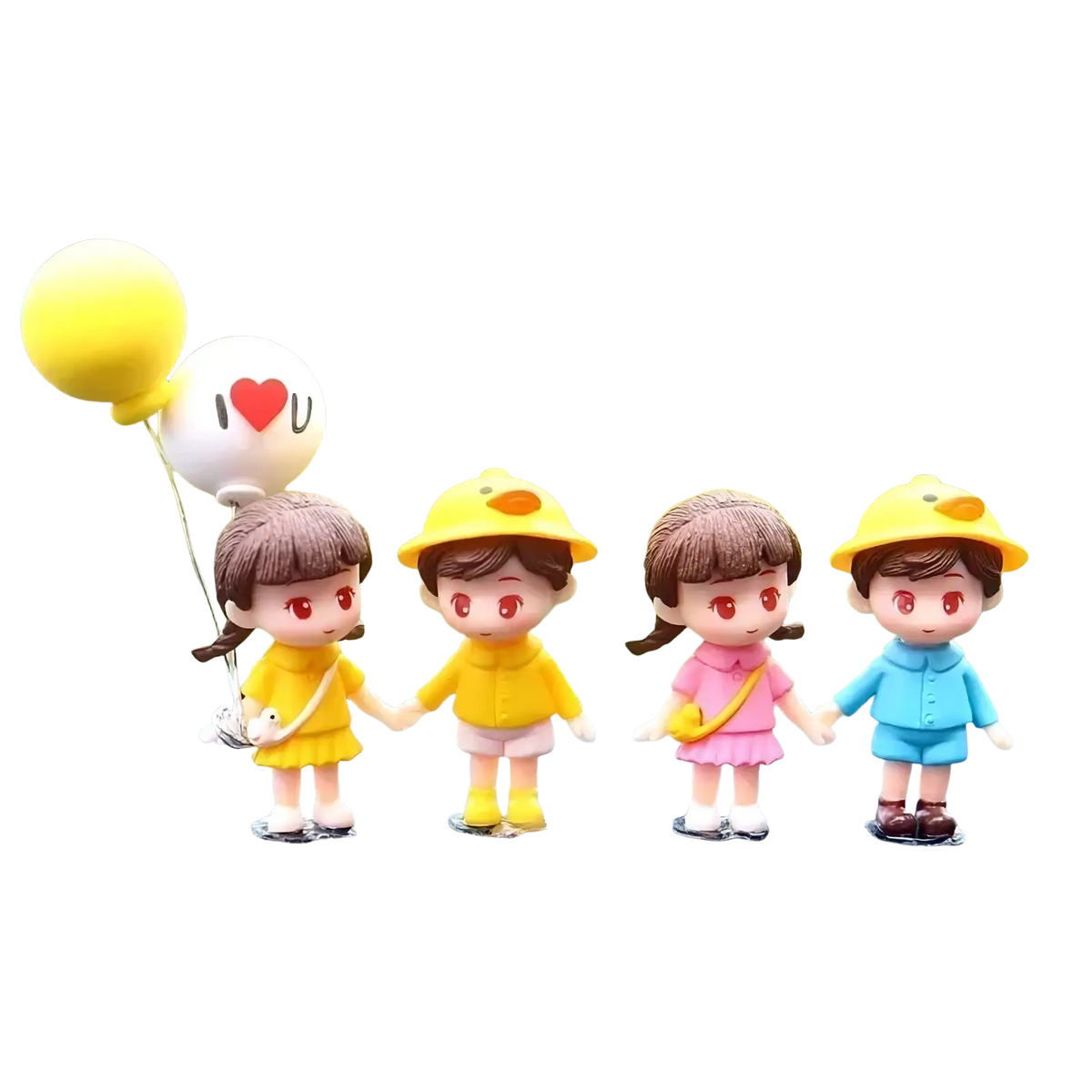 Cute couple car dashboard resin ornament featuring four children figurines in yellow pink and blue duck hats holding balloons
