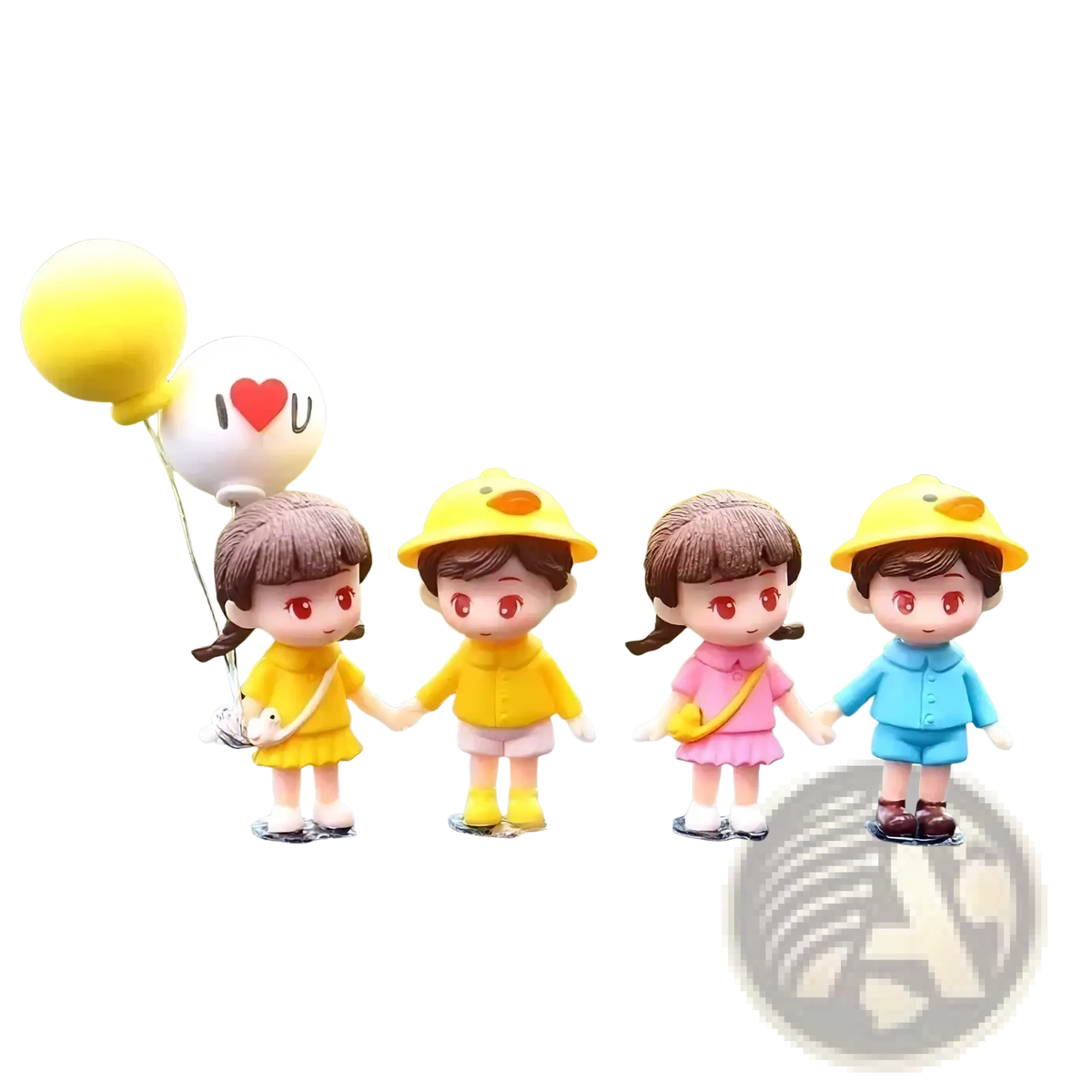 Cute couple car dashboard resin ornament featuring four children figurines in yellow pink and blue duck hats holding balloons