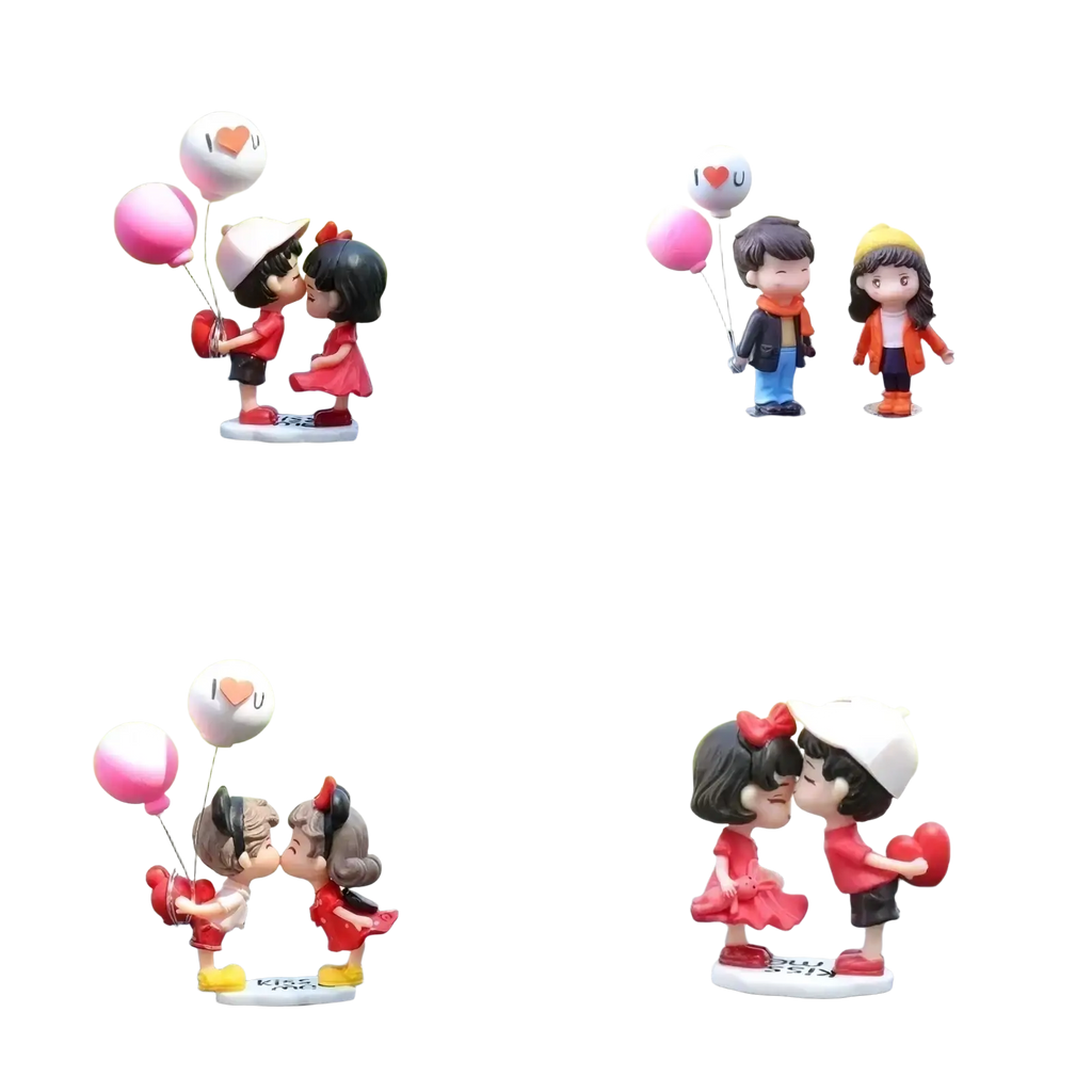 Cute couple car dashboard resin ornament featuring a kissing figurine with balloons and hearts in red pink and white