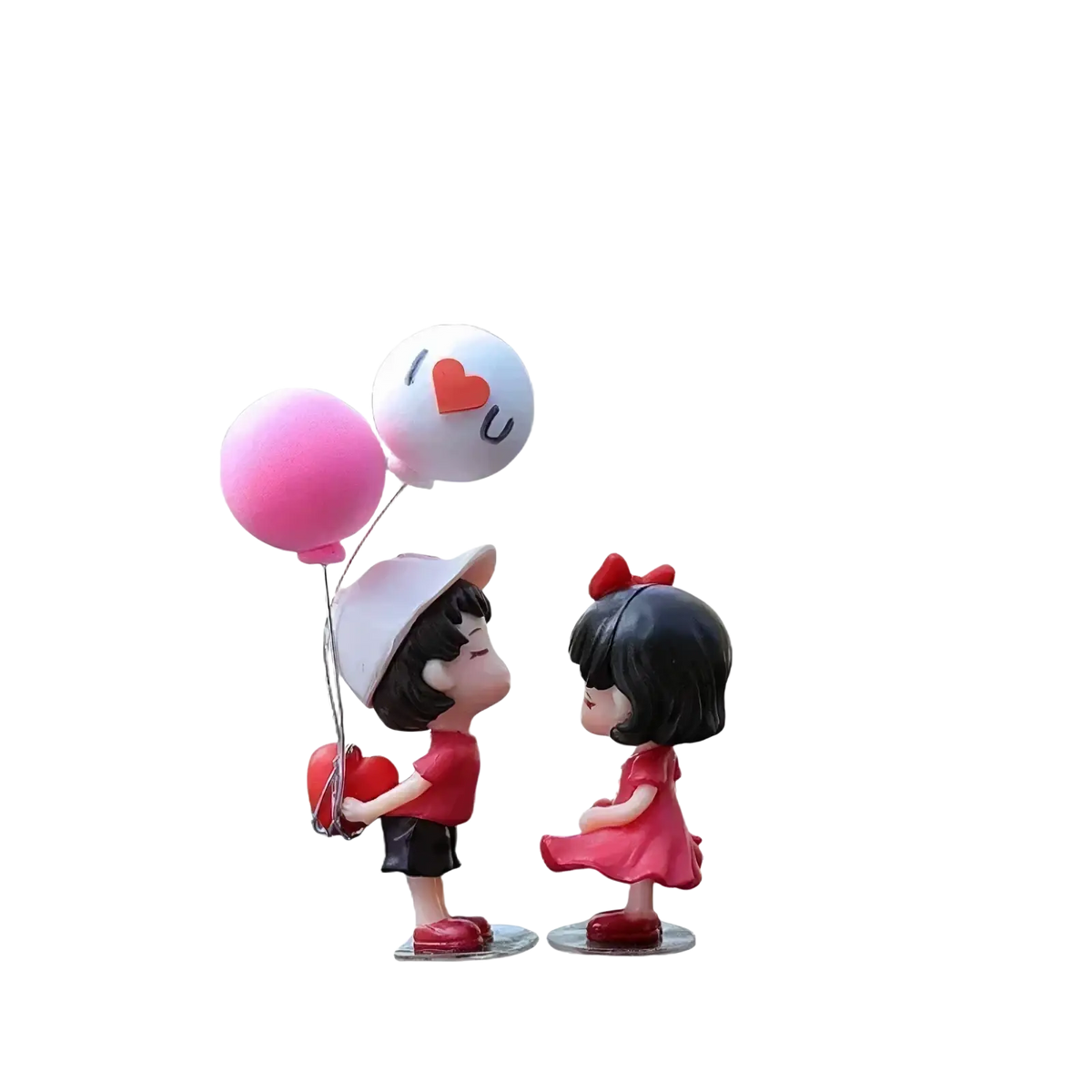 Cute couple car dashboard resin ornament with boy in red holding balloon and girl in pink dress with red bow