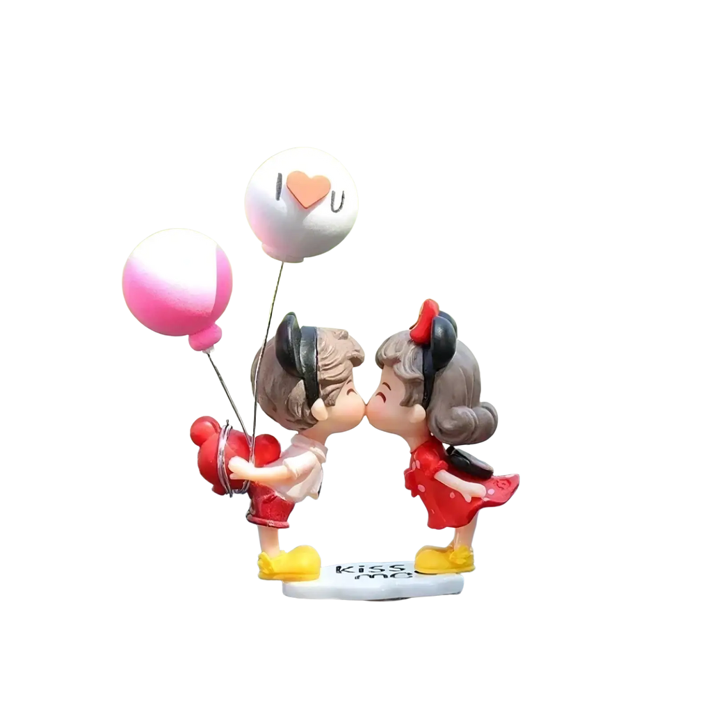 Cute couple car dashboard resin ornament featuring two cartoon lovers kissing holding balloons on kiss me base