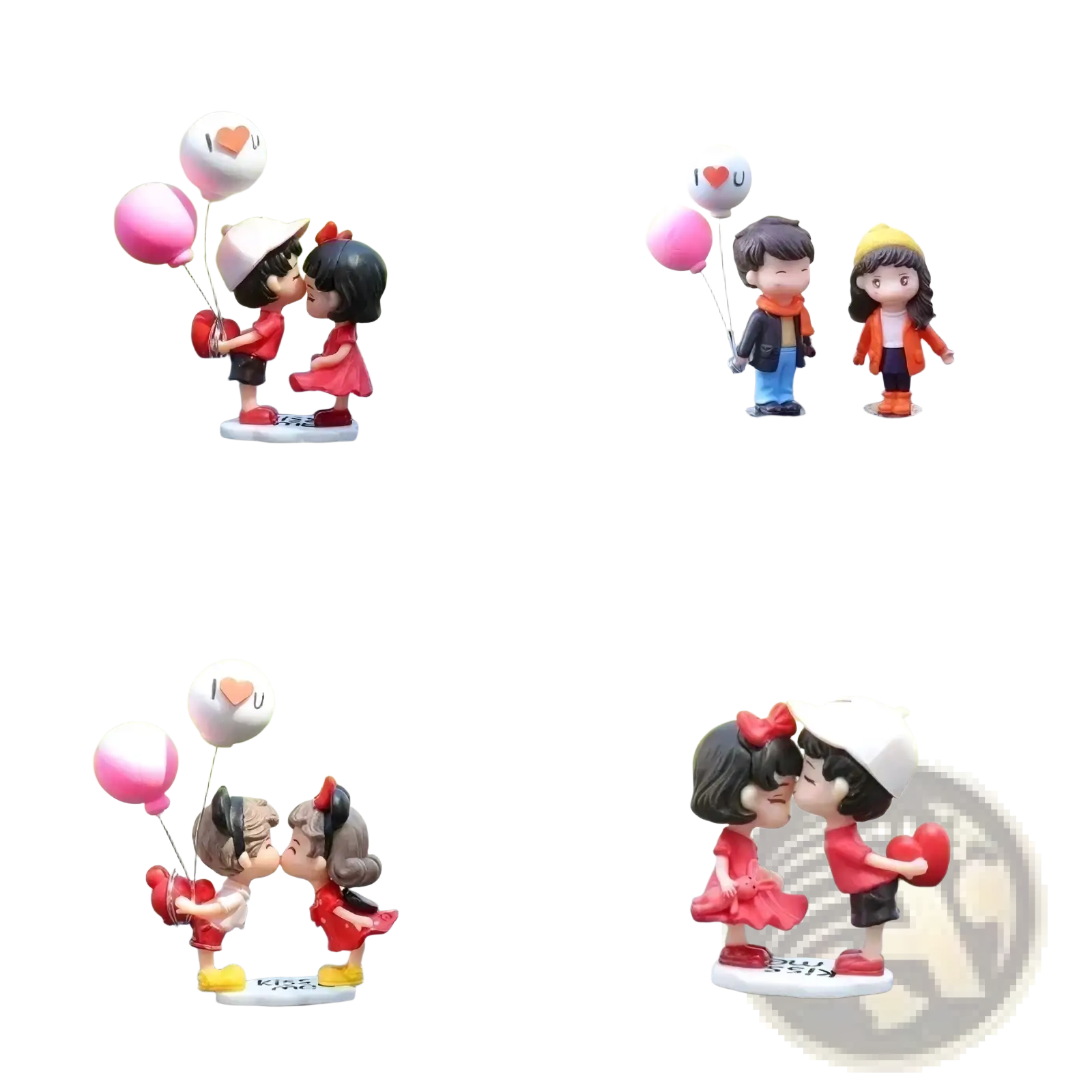 Cute couple car dashboard resin ornament featuring a kissing figurine with balloons and hearts in red pink and white