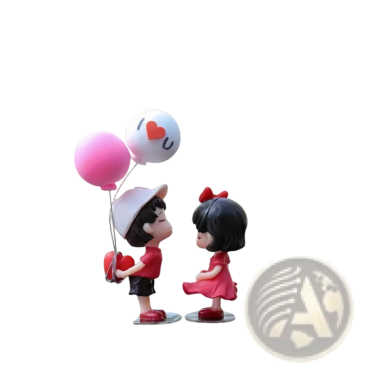 Cute couple car dashboard resin ornament with boy in red holding balloon and girl in pink dress with red bow
