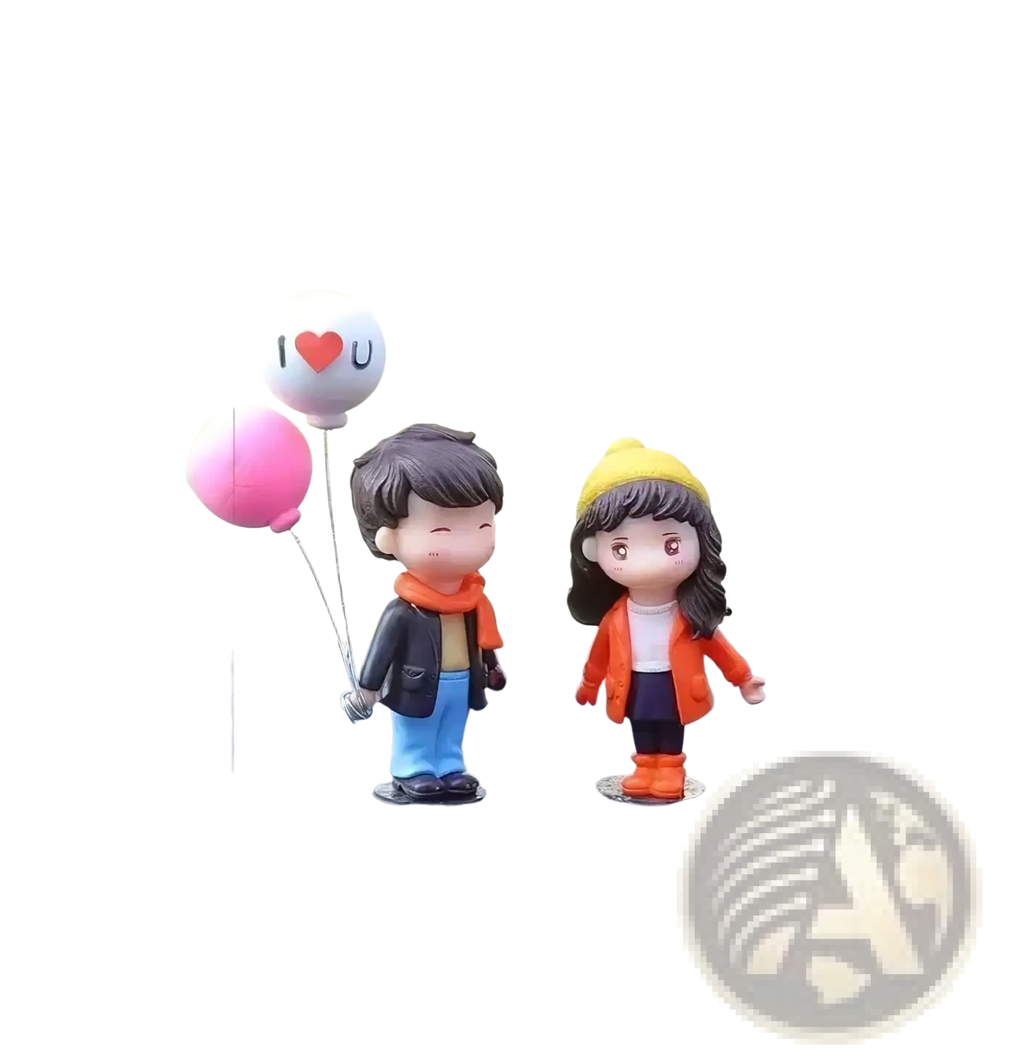 Cute couple car dashboard resin ornament featuring figurines in cozy winter outfits holding pink and i love you balloons