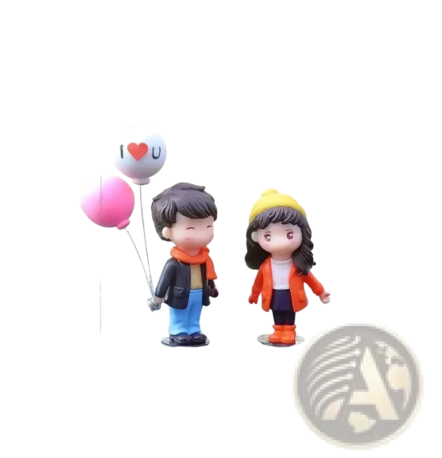 Cute couple car dashboard resin ornament featuring figurines in cozy winter outfits holding pink and i love you balloons