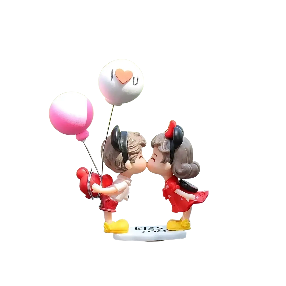 Cute couple resin dashboard ornament featuring two cartoon lovers kissing with pink i heart u balloons above them
