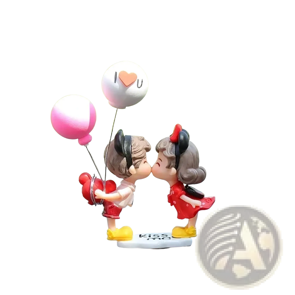 Cute couple car dashboard resin ornament featuring two cartoon lovers kissing holding balloons on kiss me base