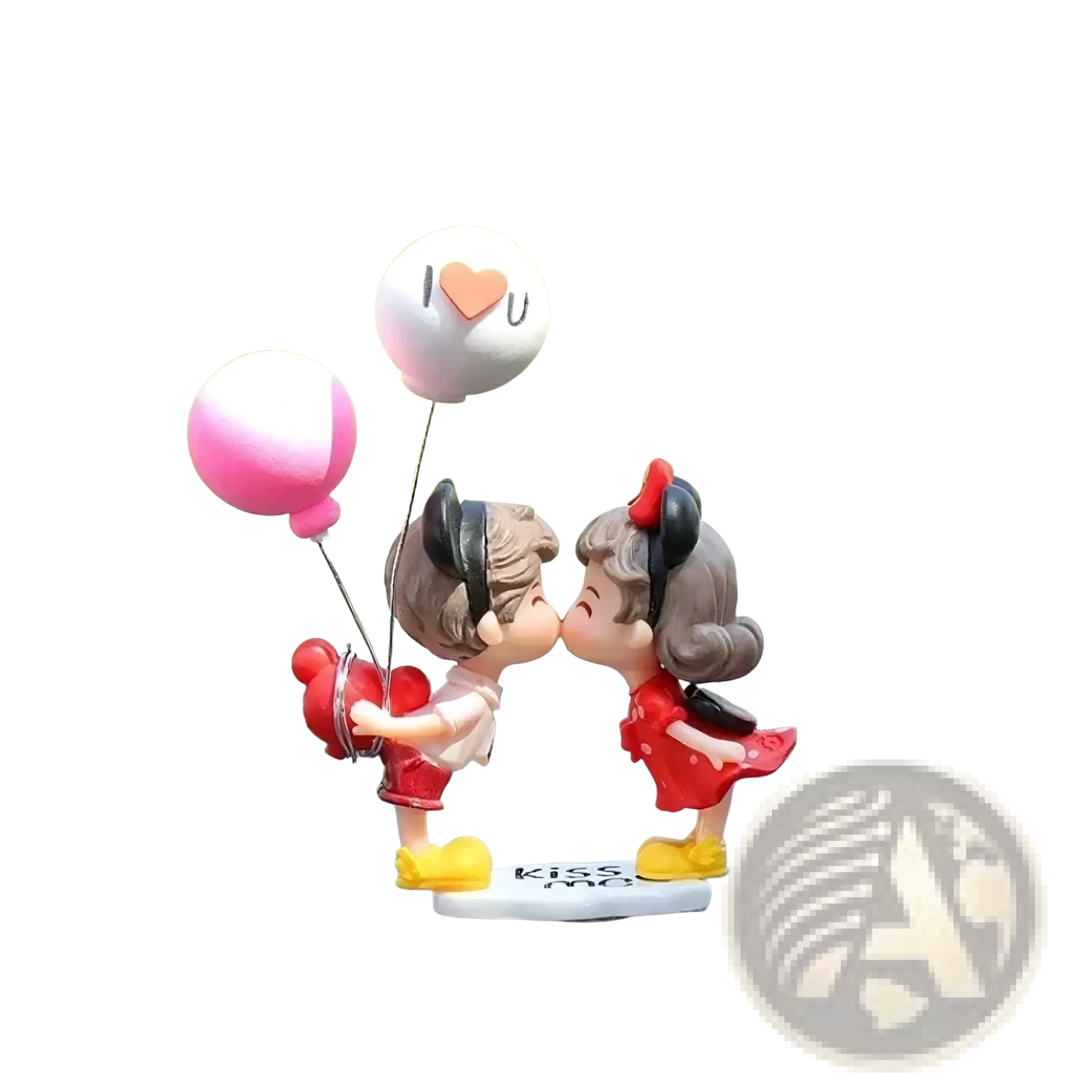 Cute couple car dashboard resin ornament featuring two cartoon lovers kissing holding balloons on kiss me base