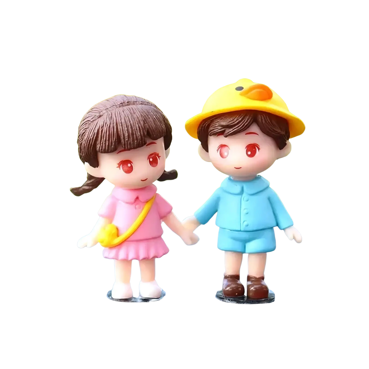 Cute couple car dashboard resin ornament featuring a girl in pink and a boy in blue with a yellow duck hat
