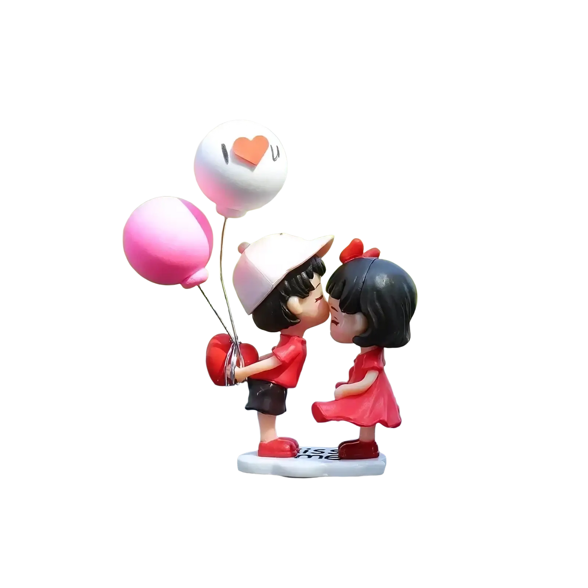 Cute couple car dashboard resin ornament featuring red and black figurines kissing with pink balloons and an orange heart balloon